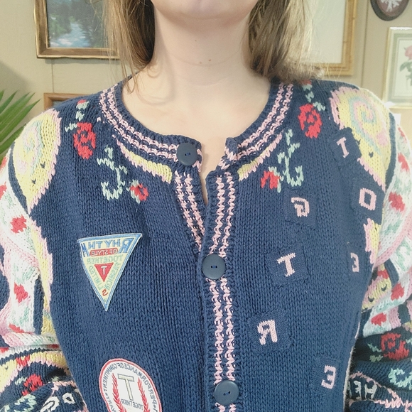 Vintage Sweater Cardigan Oversized Bohemian Colligate Style Blue Pink Yellow M - Picture 2 of 12